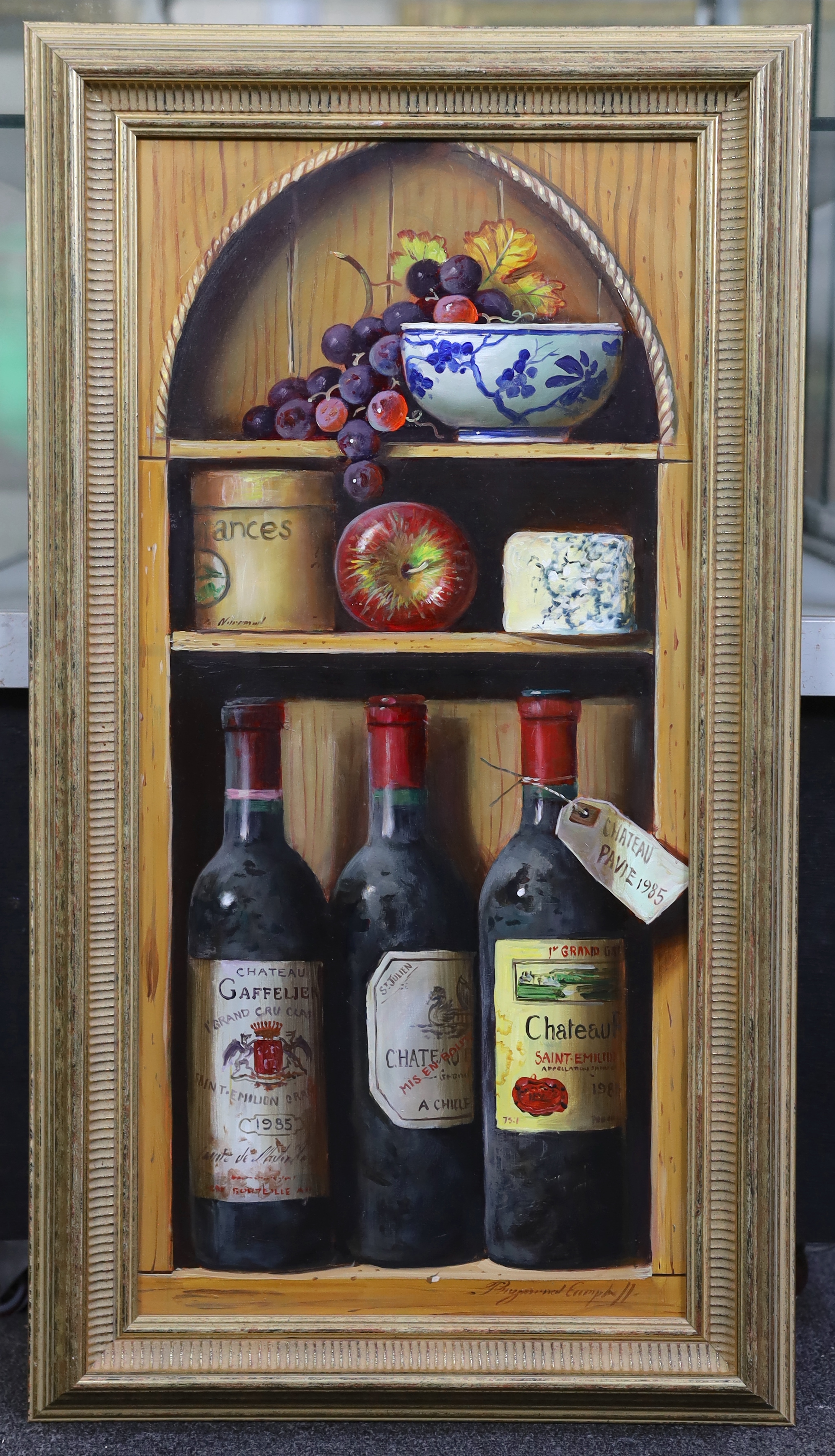 Raymond Campbell (English, 1956-), 'Chateau Pavie 1985', oil on board, 59 x 28cm